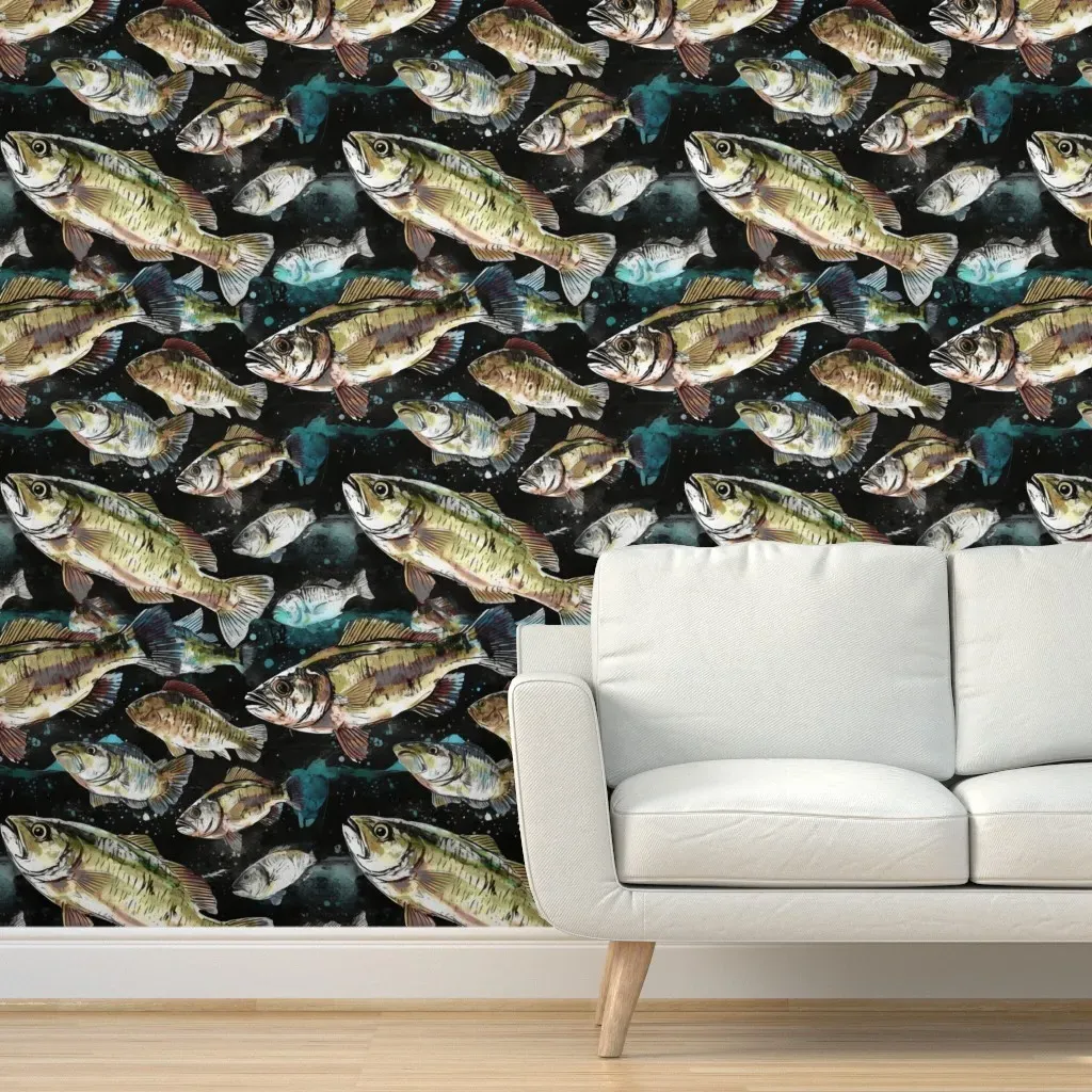 Bass Fish Swimming In Lake Peel and Stick Wallpaper - Dark Teal product