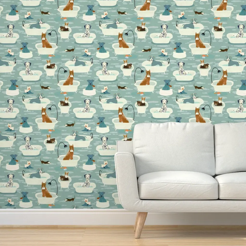 Bath Time Dogs Pet Grooming Peel and Stick Wallpaper - Teal product