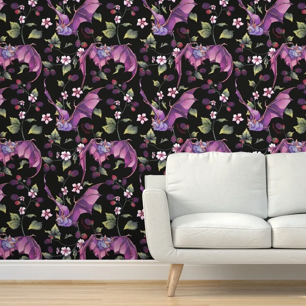 Bats And Berries Peel and Stick Wallpaper - Purple product