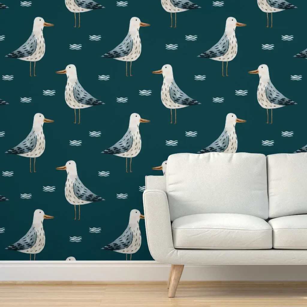 Beach Cats Seagulls Jumbo Peel and Stick Wallpaper - Teal product