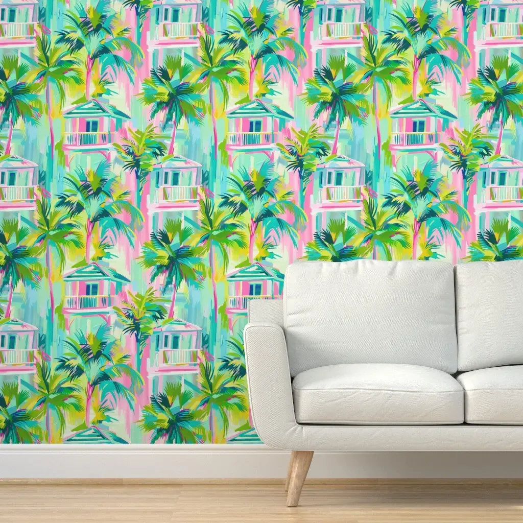 Beach House Bungalows Peel and Stick Wallpaper - Pink product