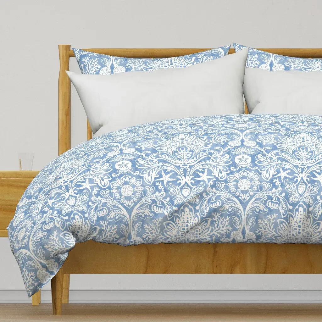 Beach House Damask with Sea Duvet Cover - White product
