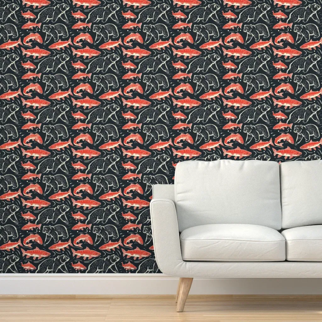Bear & Salmon Stream Soiree Peel and Stick Wallpaper - Red product