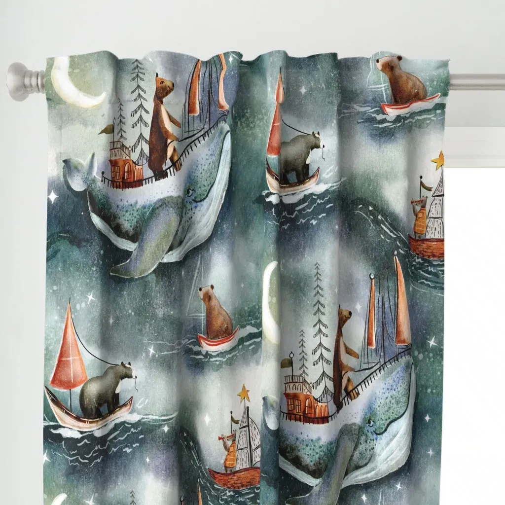 Bearly Sailing Whale Moon Curtain Panel - Teal alternate view