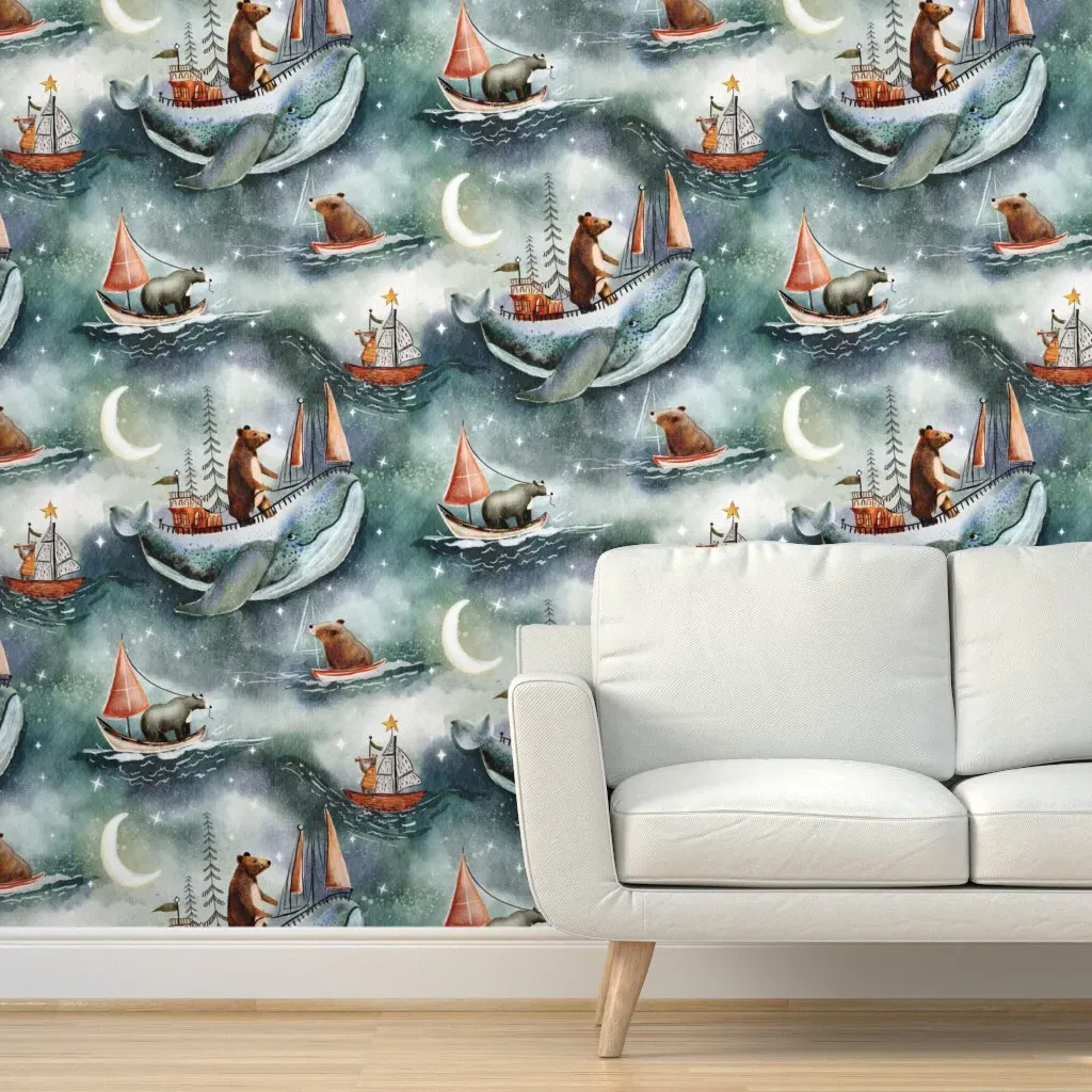 Bearly Sailing Whale Moon Stars Peel and Stick Wallpaper - Teal product