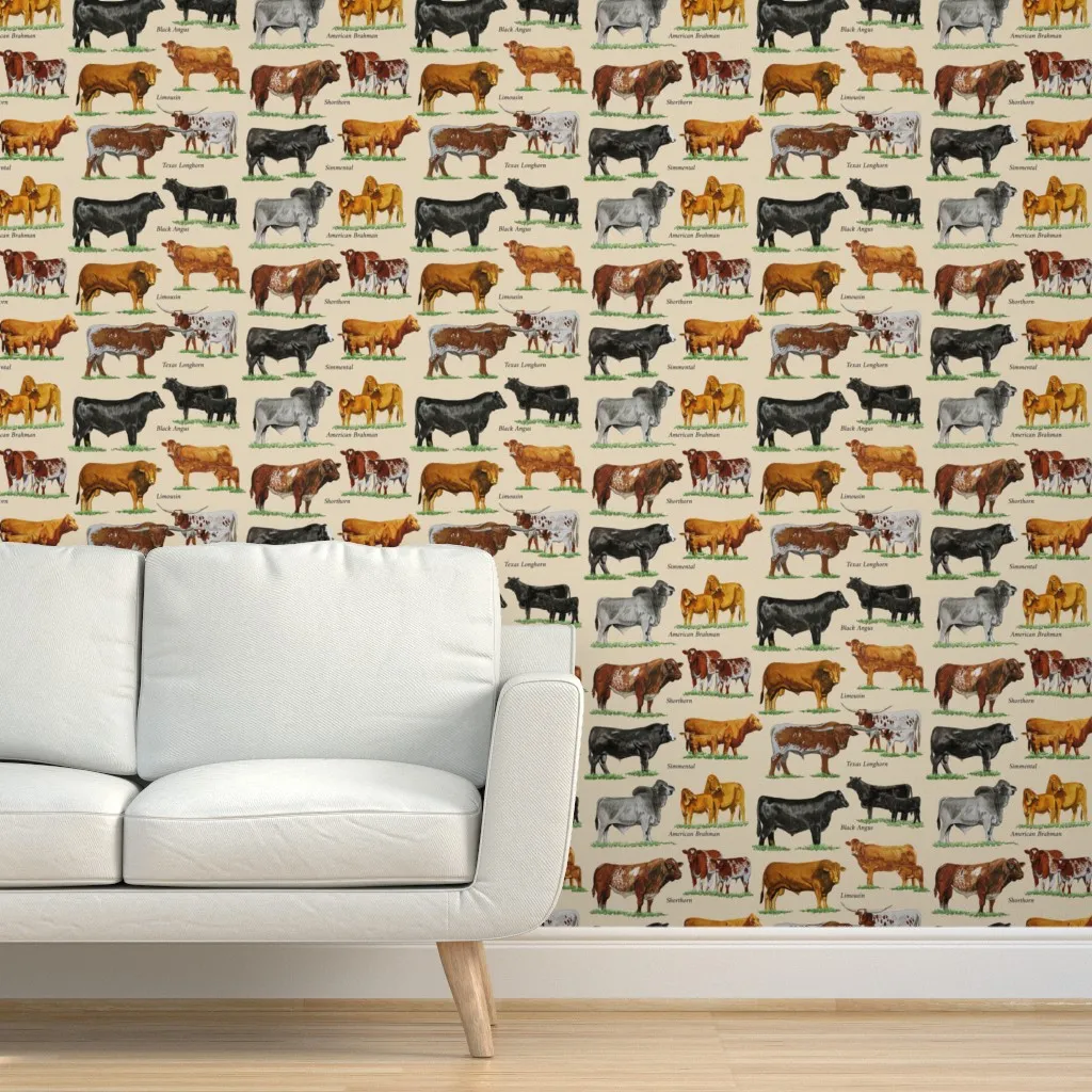 Beef Cattle Watercolor Peel and Stick Wallpaper - Beige product
