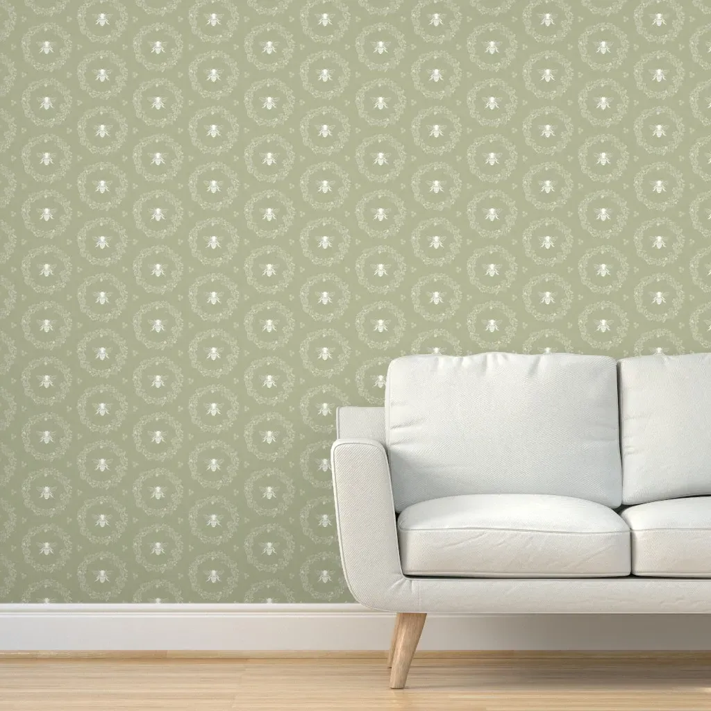 Bees And Floral Wreath Peel and Stick Wallpaper - White, Sage Green product