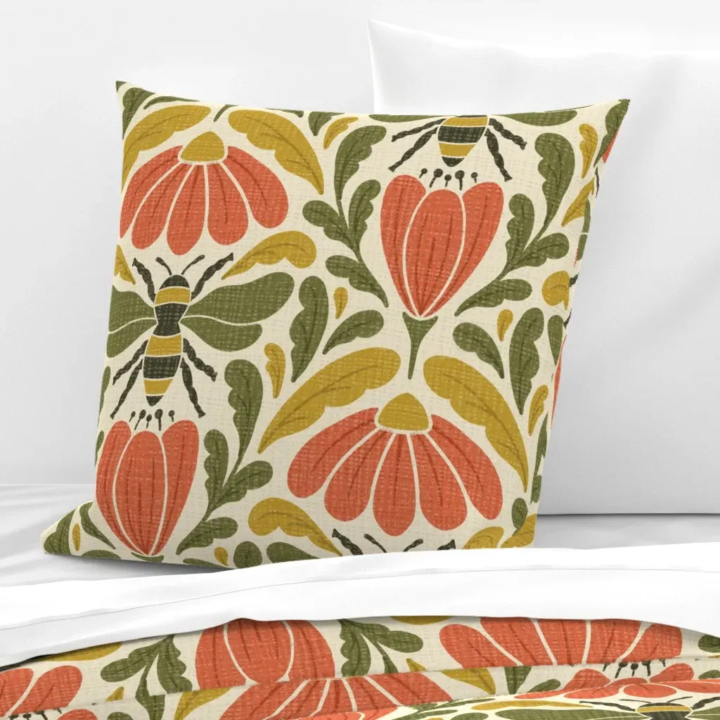 Bees And Flowers Euro Pillow Sham - Coral, Red-Orange product