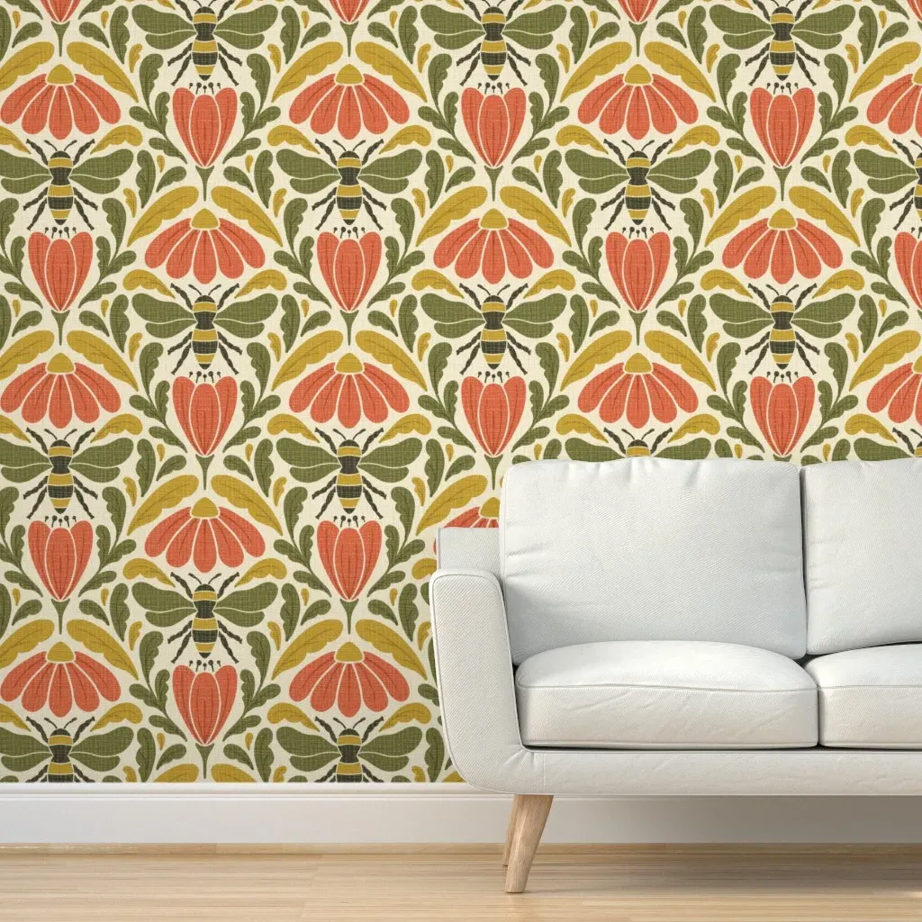 Bees And Flowers Peel and Stick Wallpaper - Vermilion product