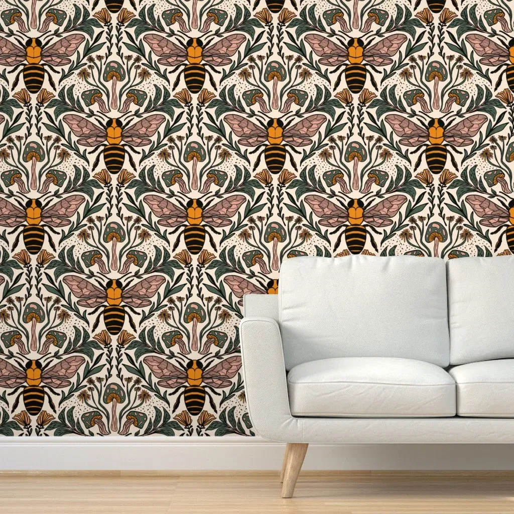 Bees and Mushrooms Large Scale Peel and Stick Wallpaper - Mustard Yellow product
