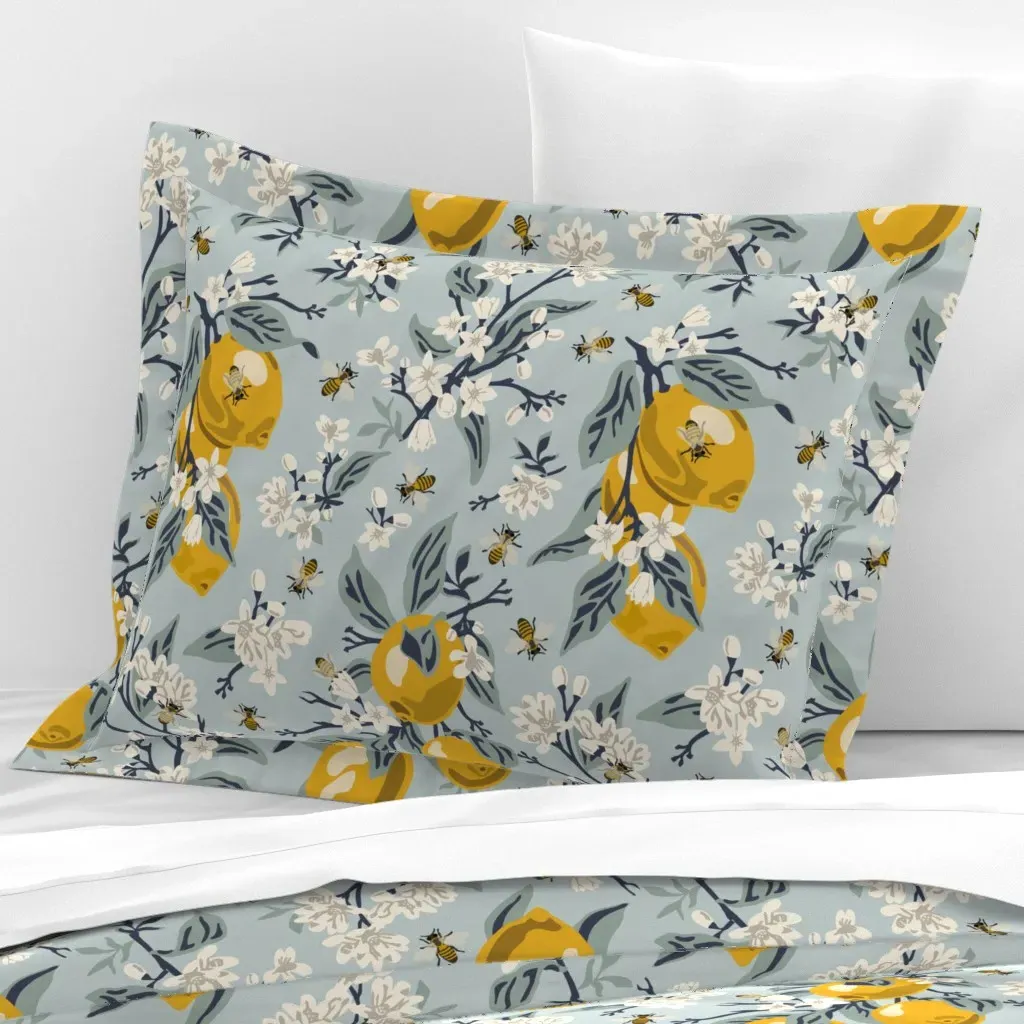 Bees & Lemons Large Standard Flanged Cushion Cover - Blue, Cotton Sateen product
