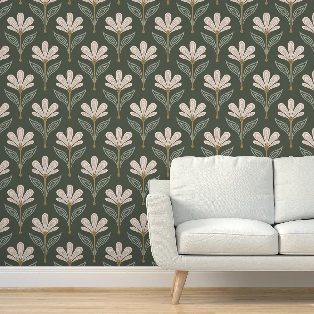 Beige Floral Golden Stems Peel and Stick Wallpaper - Green, Faux Linen product