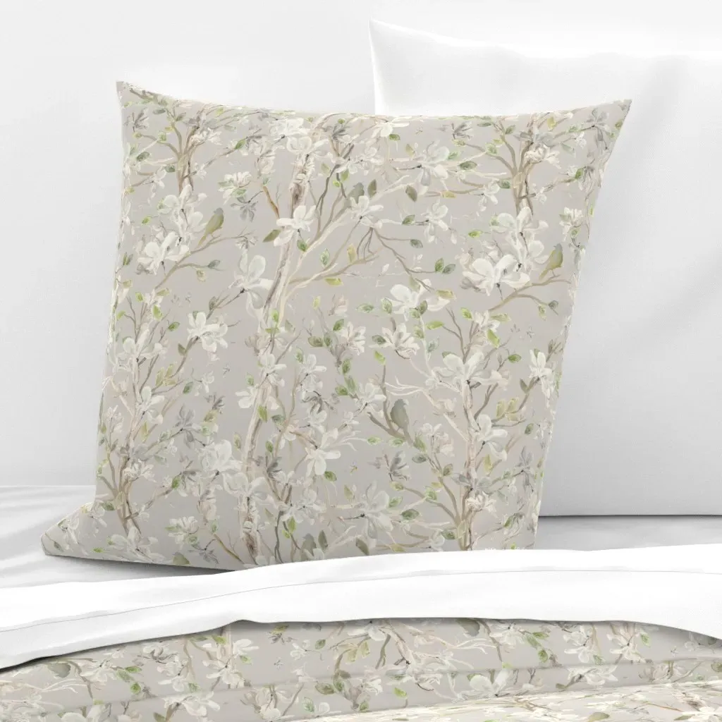 Beige Tree White Flower Blossoms Birds Leaves Watercolor Euro Pillow Sham product