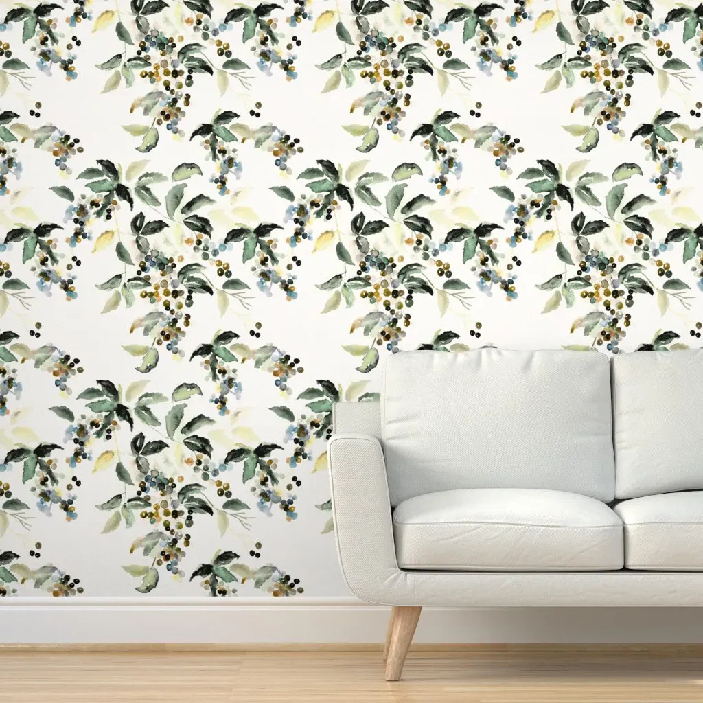 Berries & Leaf Watercolor Peel and Stick Wallpaper - Green product