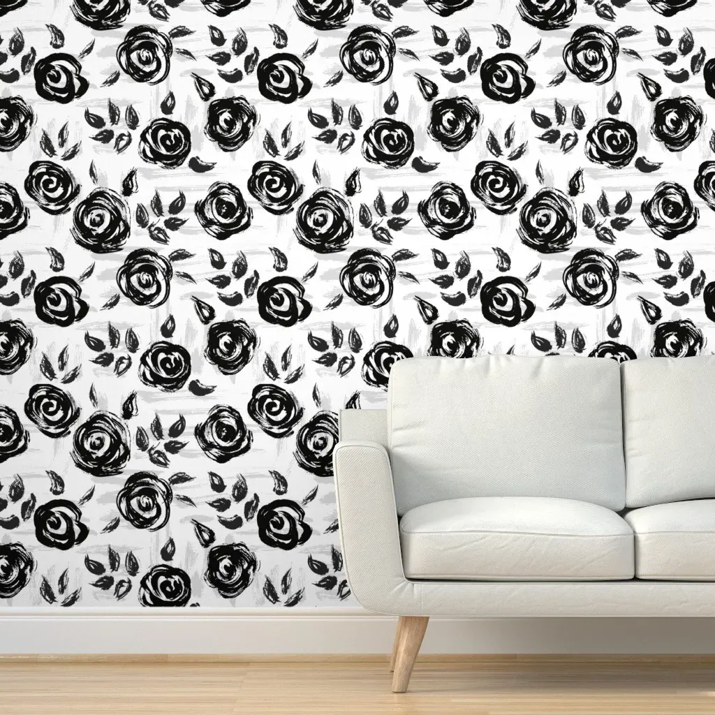 Big Brushstroke Roses Peel and Stick Wallpaper - Black, White product