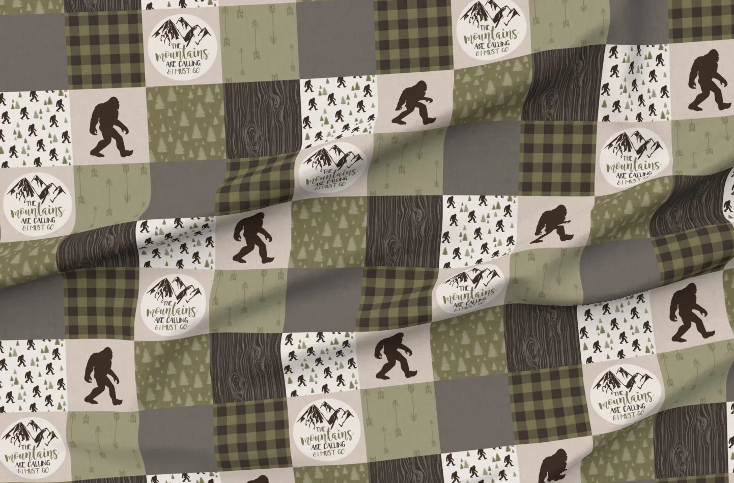 Big Foot The Mountains Are Calling Cheater Quilt Fabric - Green, Brown product