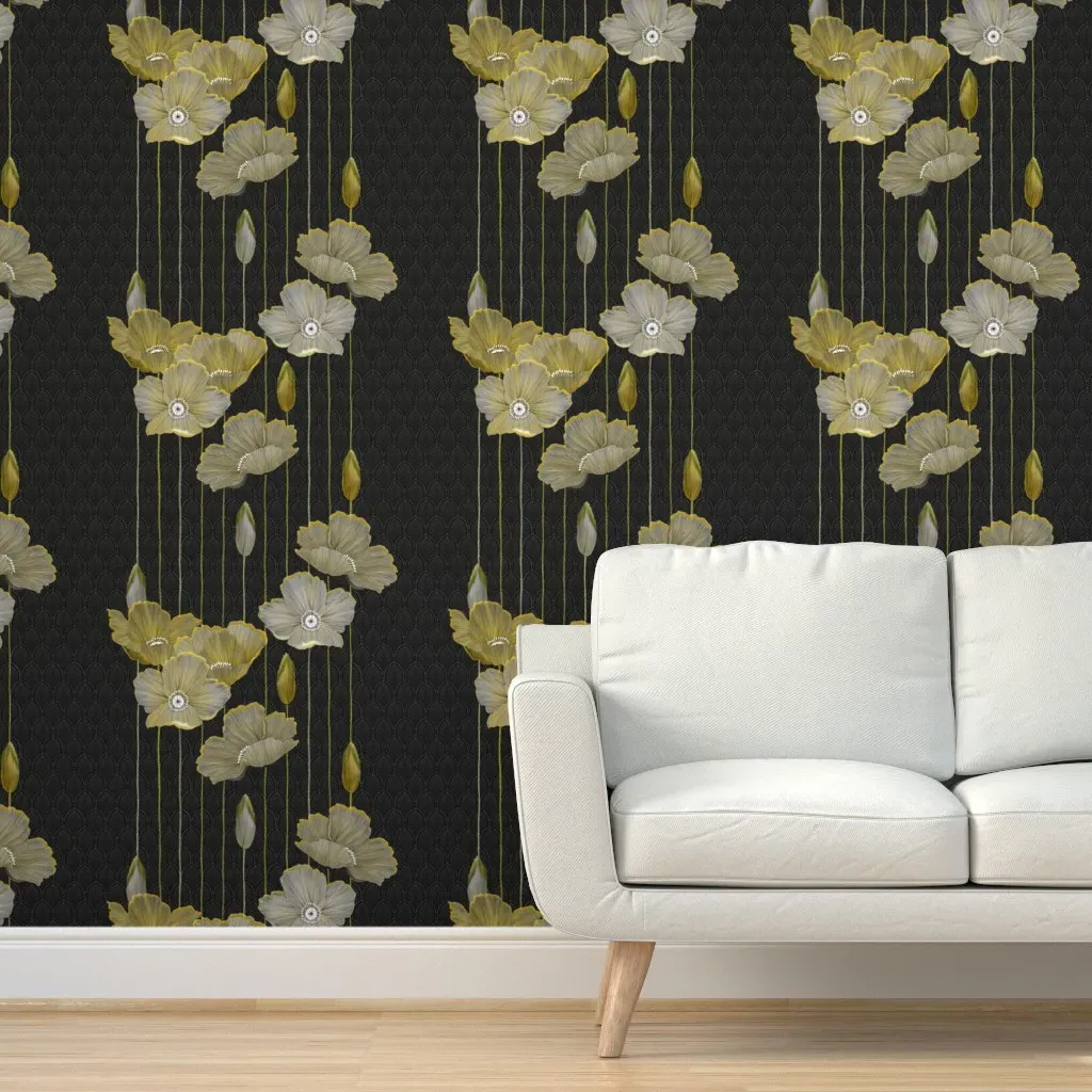 Big Golden Poppies Peel and Stick Wallpaper - Black, Gold, Green product
