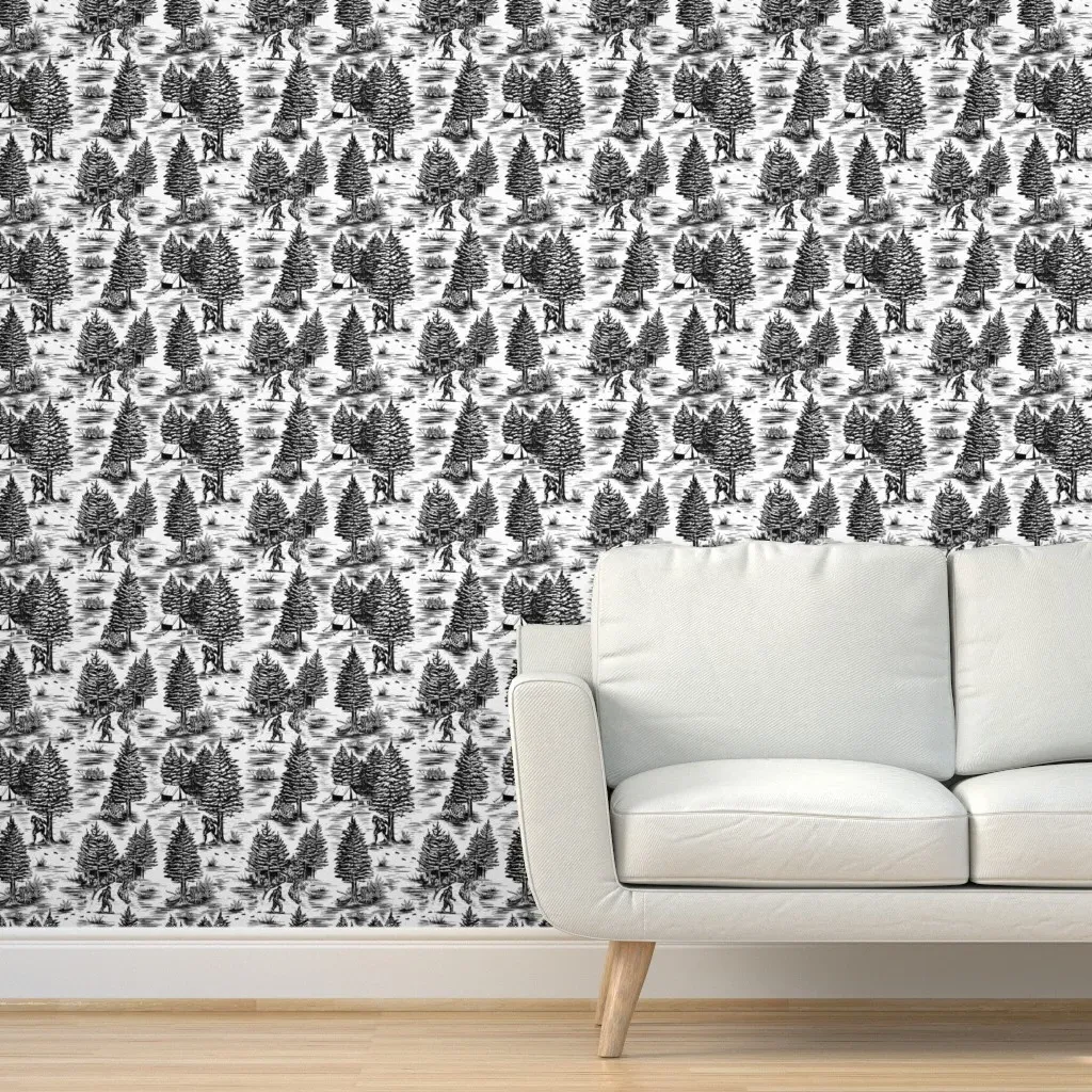 Bigfoot Sasquatch Toile De Jouy Peel and Stick Wallpaper - Black, White product