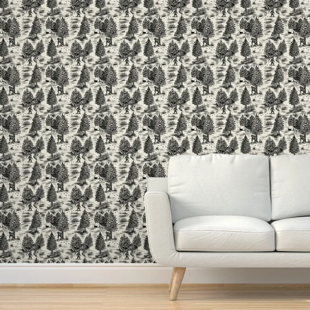 Bigfoot Sasquatch Toile De Jouy Peel and Stick Wallpaper - Black product