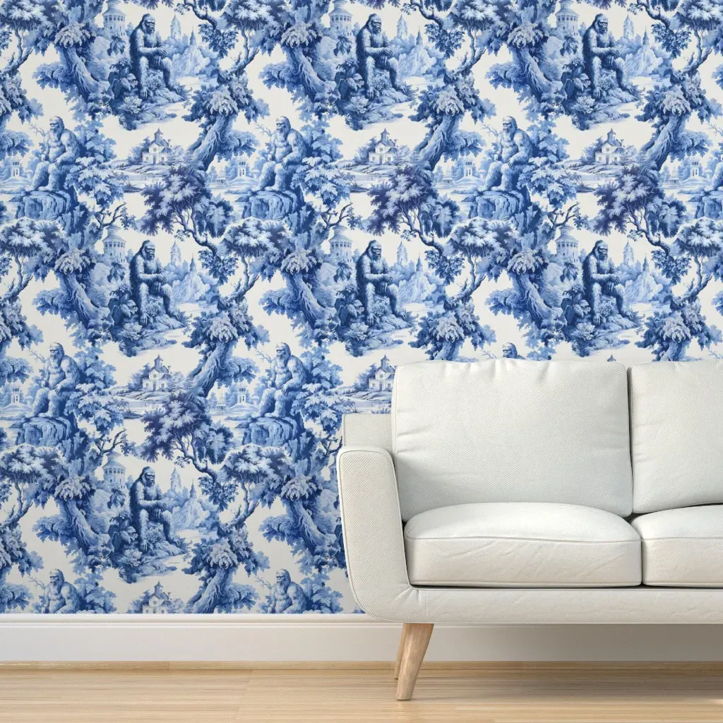 Bigfoot Sasquatch Toile De Jouy Peel and Stick Wallpaper - Blue product