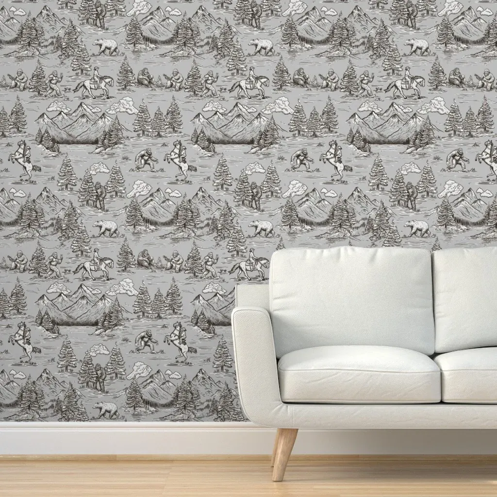 Bigfoot Sasquatch Toile De Jouy Peel and Stick Wallpaper - Gray product