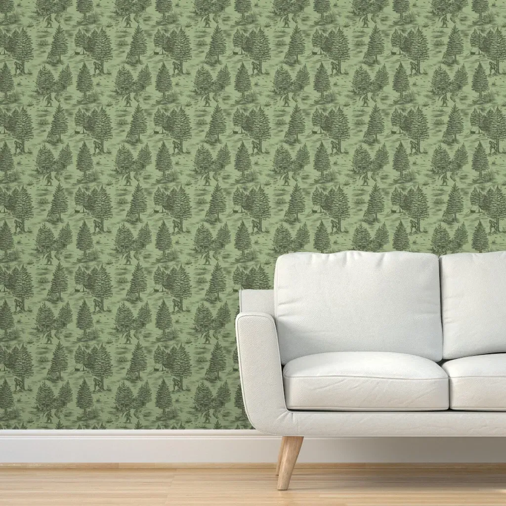 Bigfoot Sasquatch Toile De Jouy Peel and Stick Wallpaper - Sage Green product