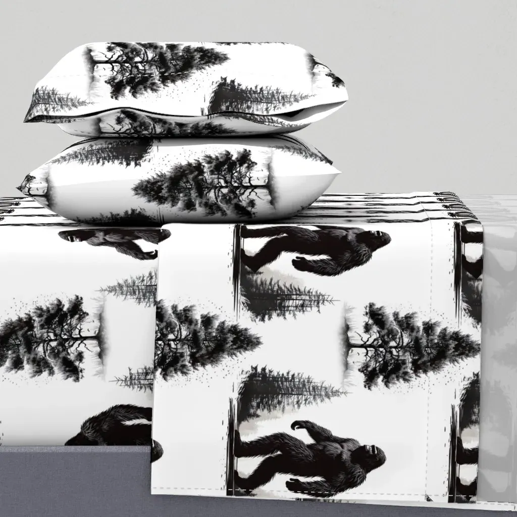 Bigfoot Silhouette Forest Queen Sheet Set - Black & White product