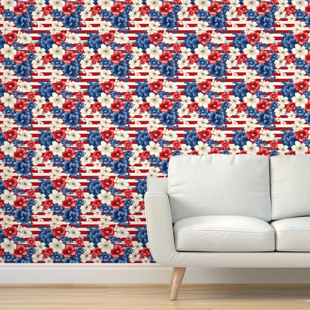 Bigger Patriotic Americana Flowers And Stripes Peel and Stick Wallpaper - Red product
