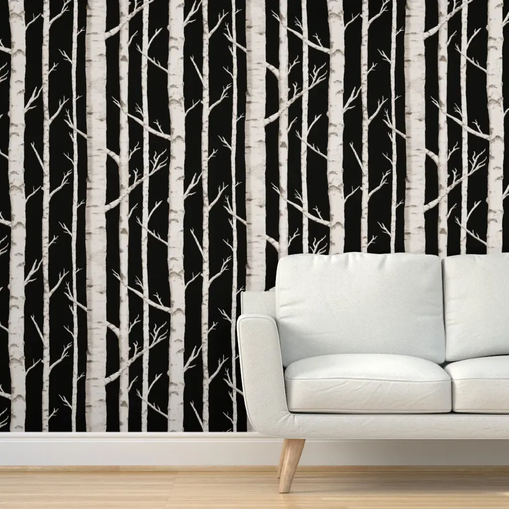 Birch Grove In Moonlight Peel and Stick Wallpaper - Black, White product