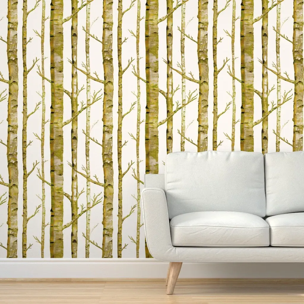 Birch Grove Peel and Stick Wallpaper - Moss, Metallic Gold product