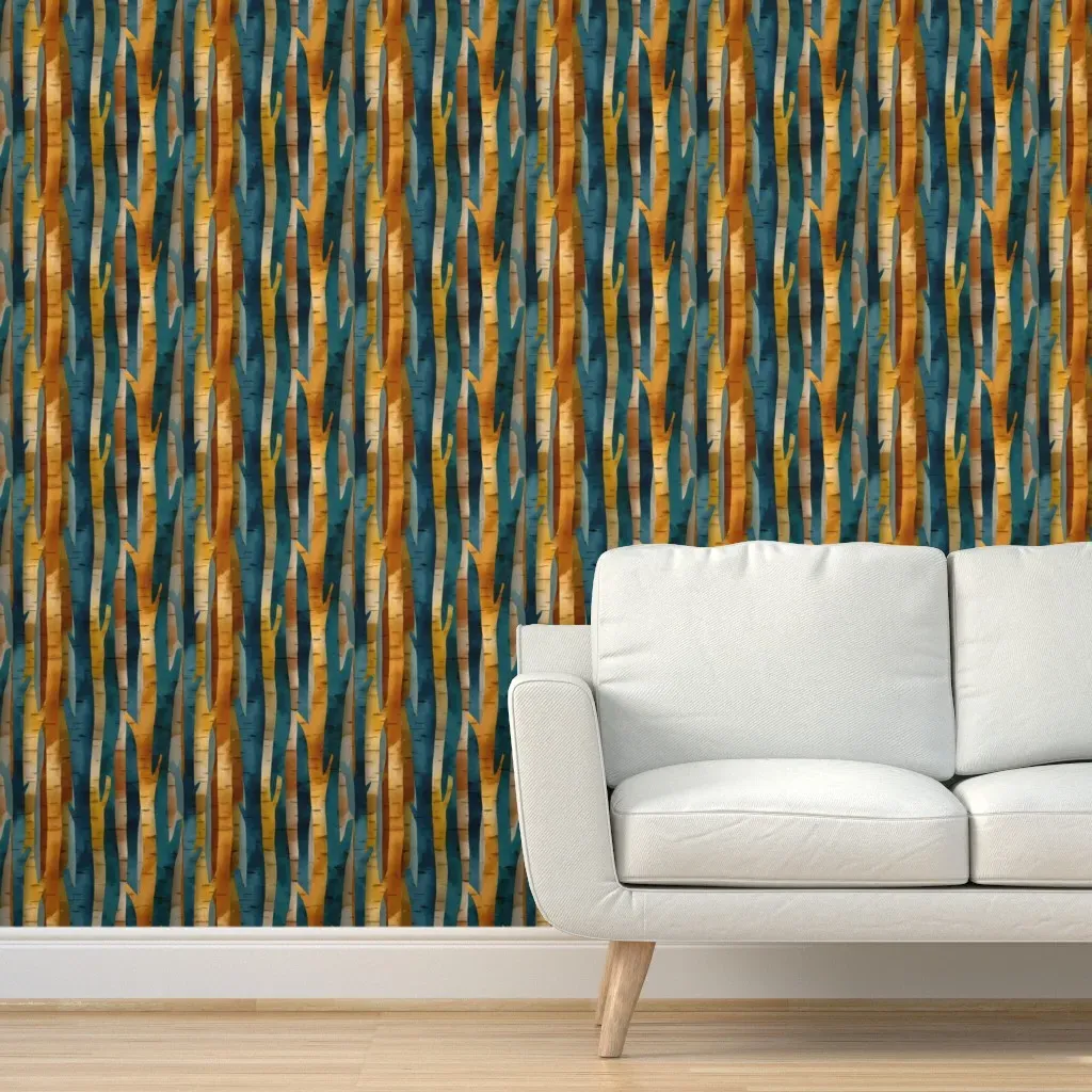 Birch Tree Bark Forest Peel and Stick Wallpaper - Teal, Watercolor product