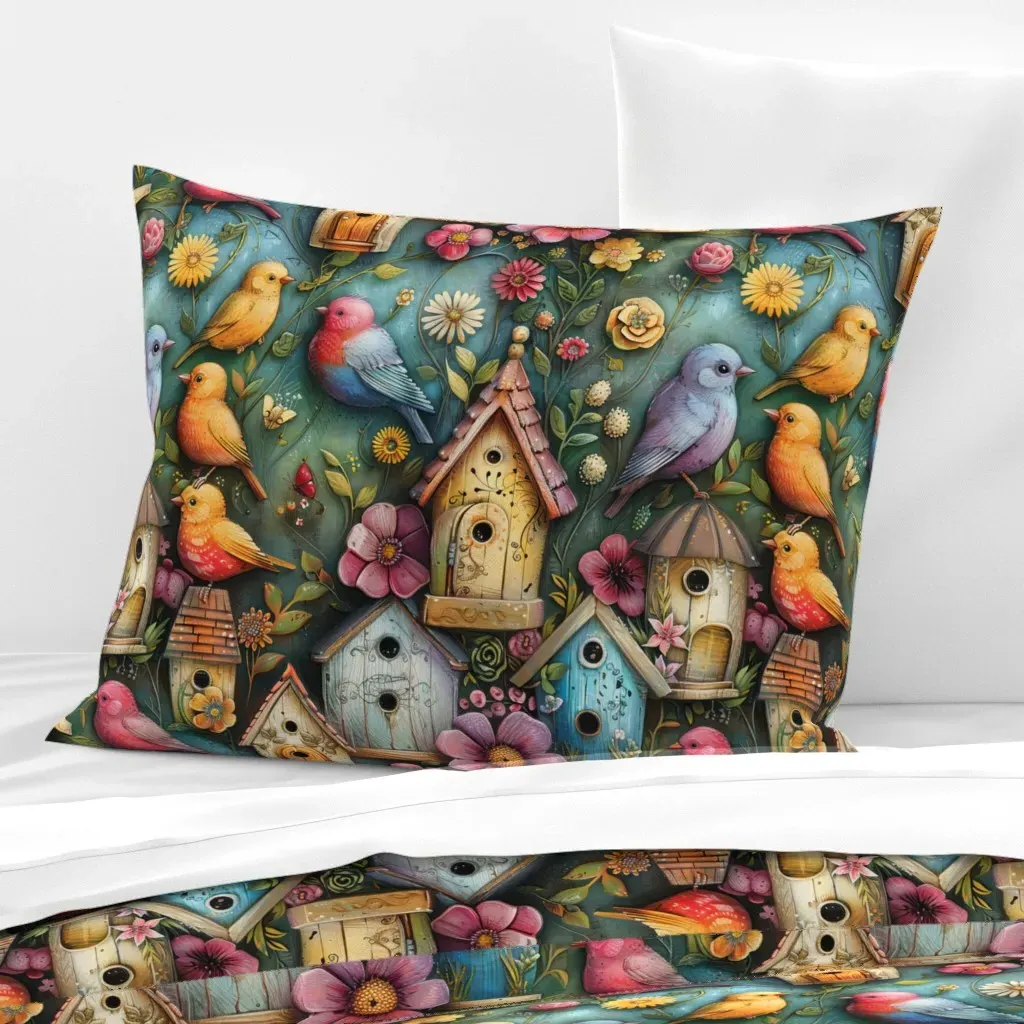 Bird House Party Standard Knife Edge Cushion - Teal, Cotton product