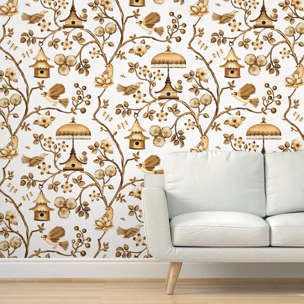 Birdhouse Chinoiserie XL Peel and Stick Wallpaper - Gold, White product