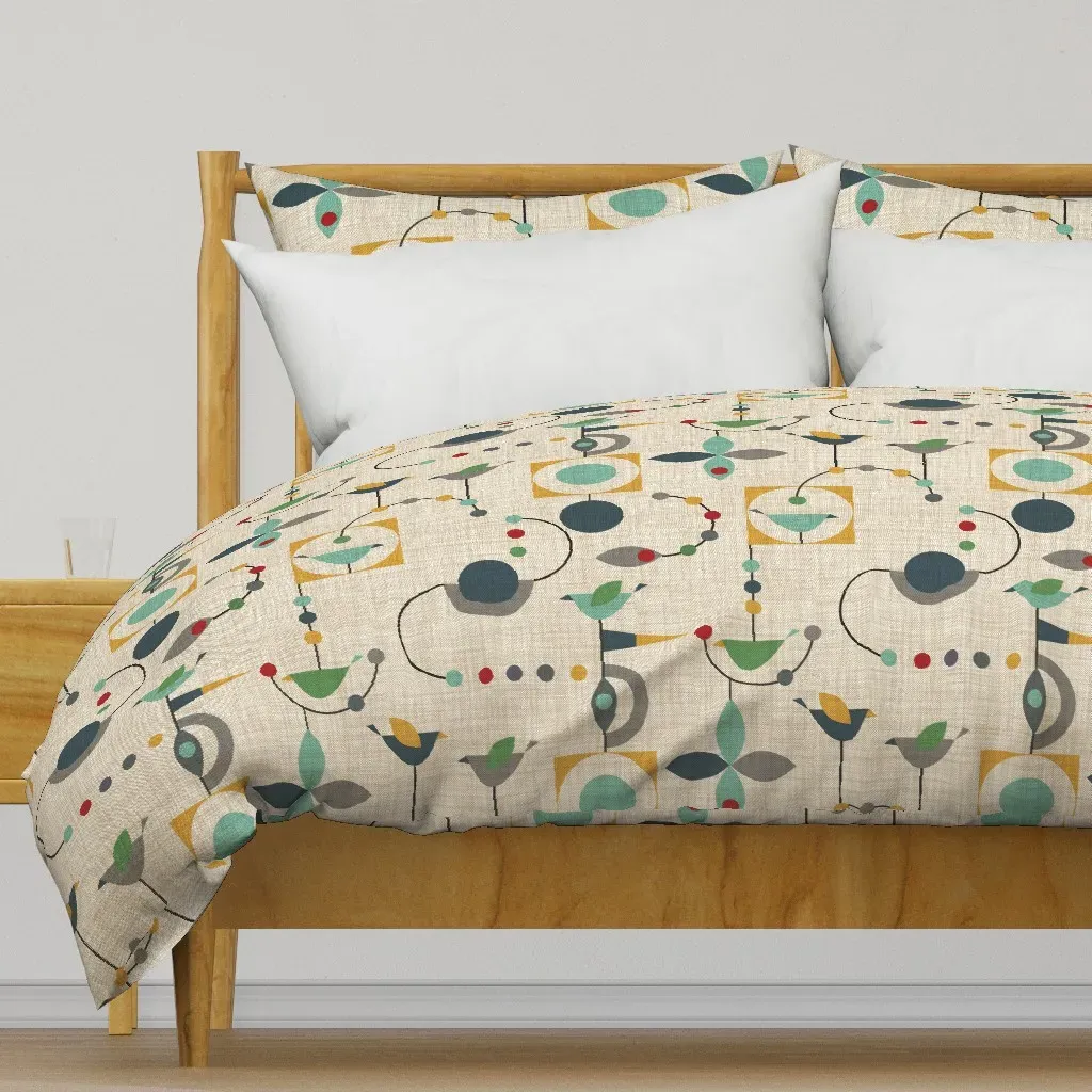 Birdland In Green By Virginia Duvet Cover - Beige product