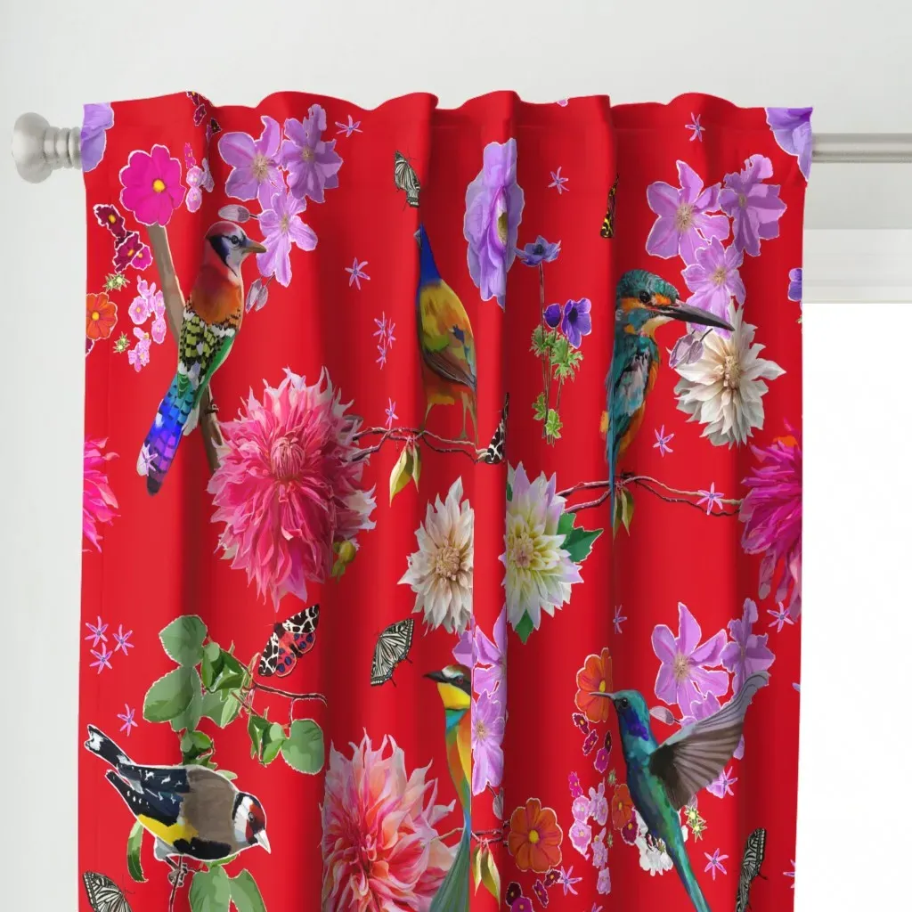 Birds And Dahlias Curtain Panel - Red alternate view