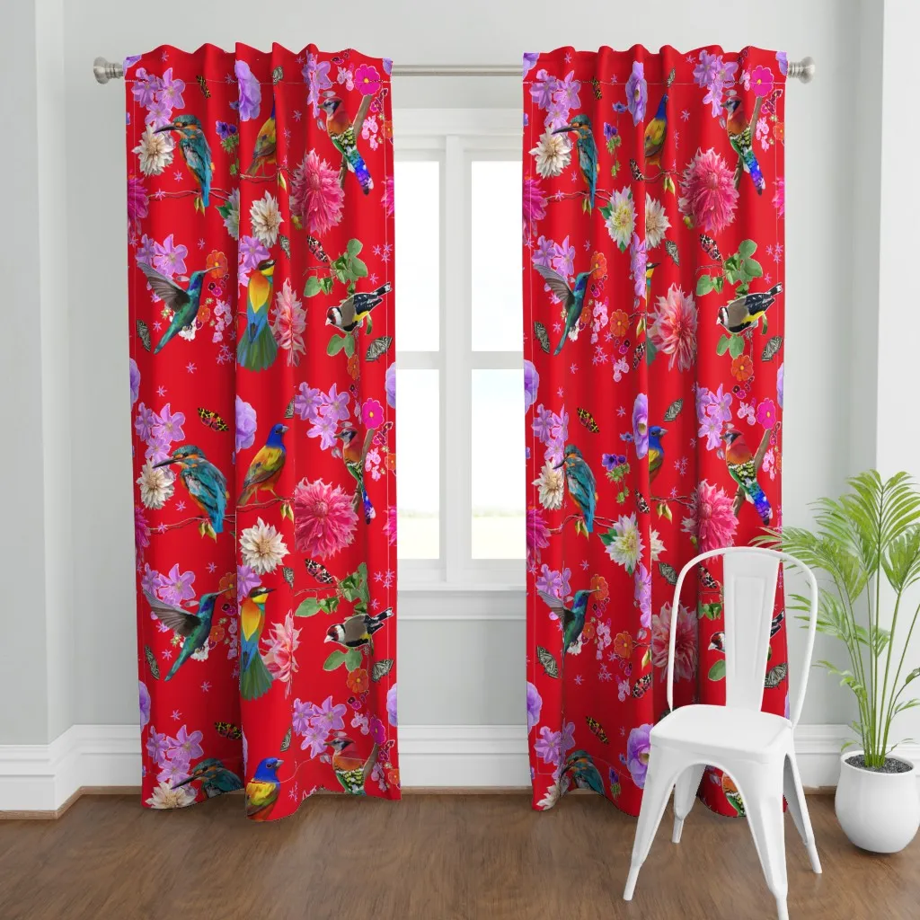 Birds And Dahlias Curtain Panel - Red product