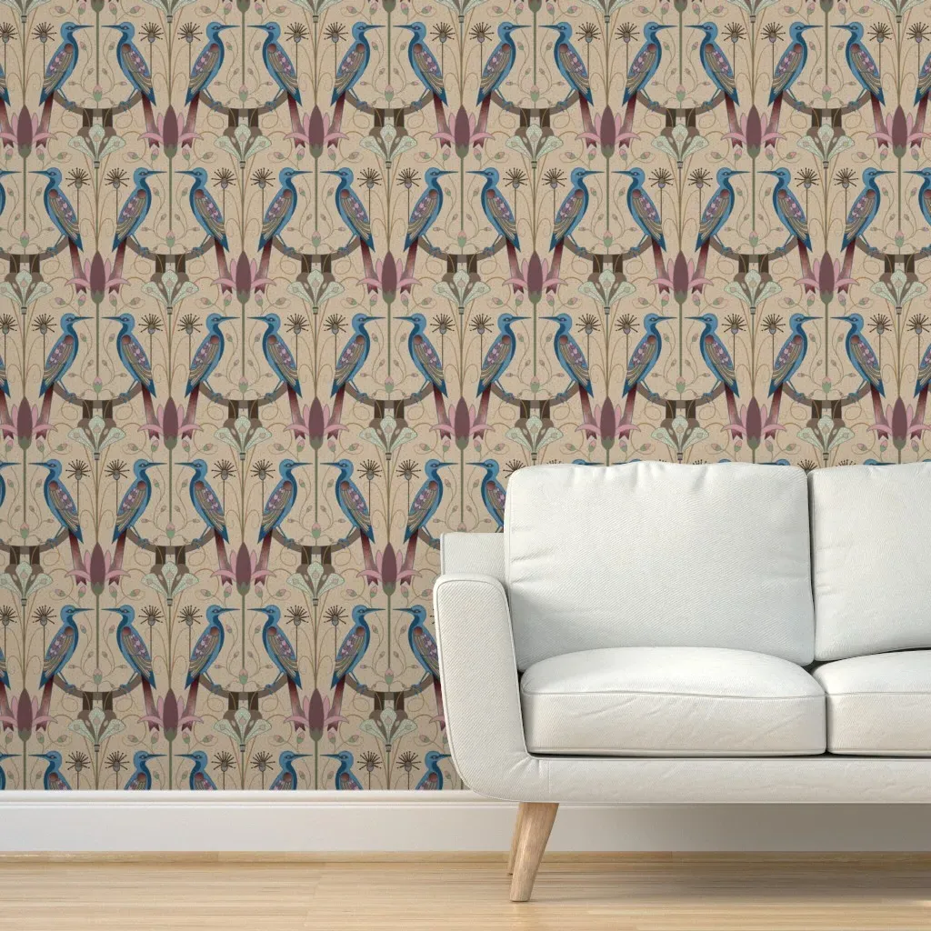 Birds and Florals Art Nouveau Peel and Stick Wallpaper - Blue product