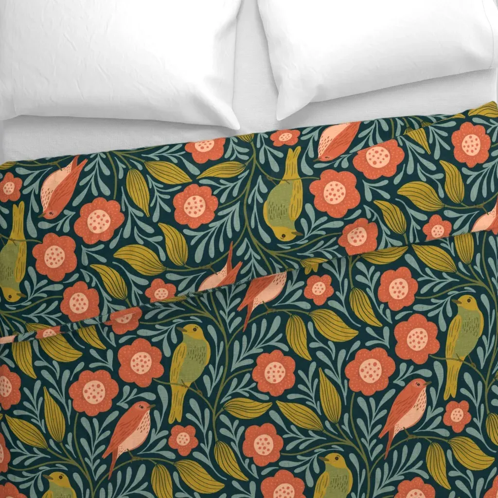 Birds And Flowers Duvet Cover - Teal alternate view