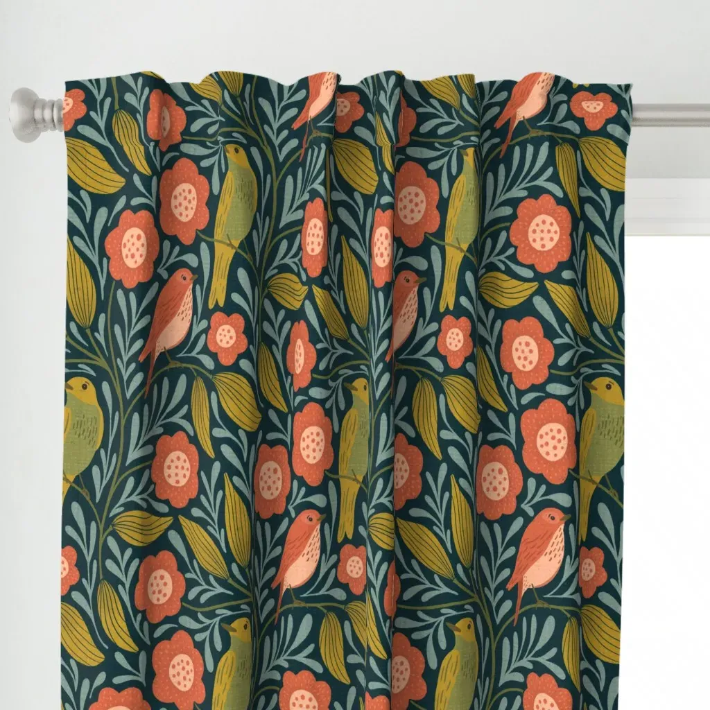 Birds And Flowers On Dark Curtain Panel - Teal alternate view