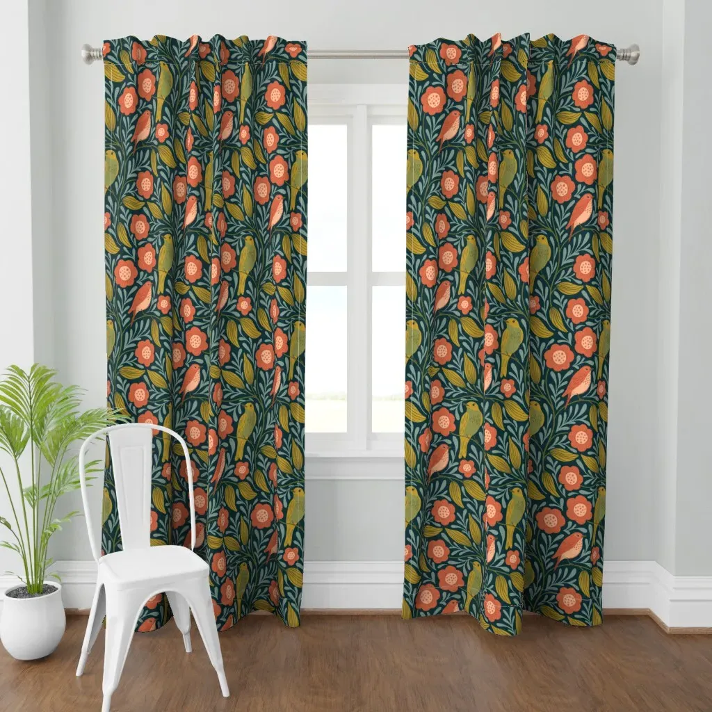 Birds And Flowers On Dark Curtain Panel - Teal product