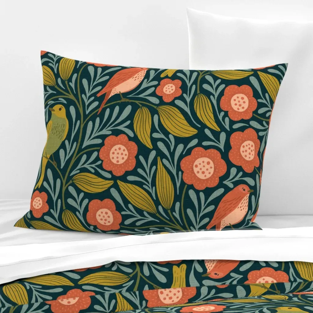 Birds and Flowers Standard Knife Edge Cushion Cover - Teal, Cotton Sateen product