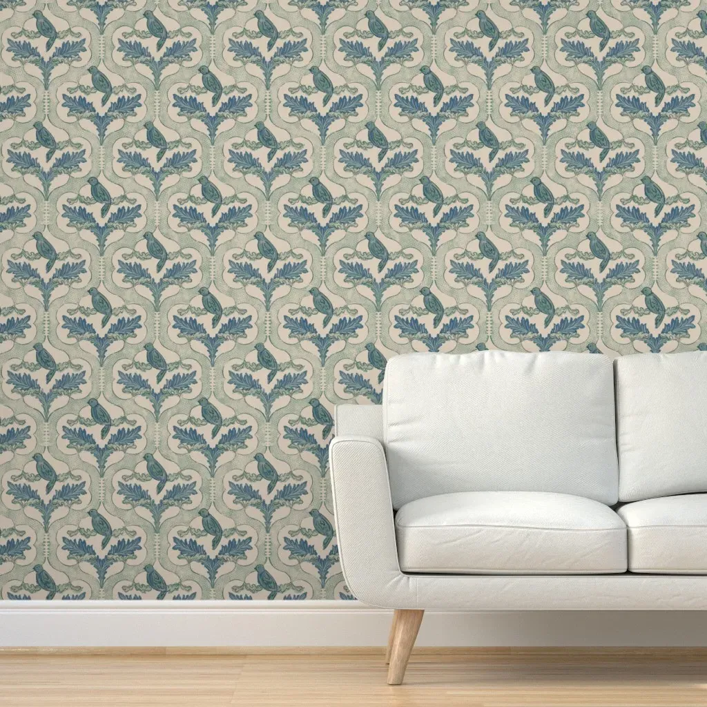 Birds and Leaves Damask Large Peel and Stick Wallpaper - Teal product