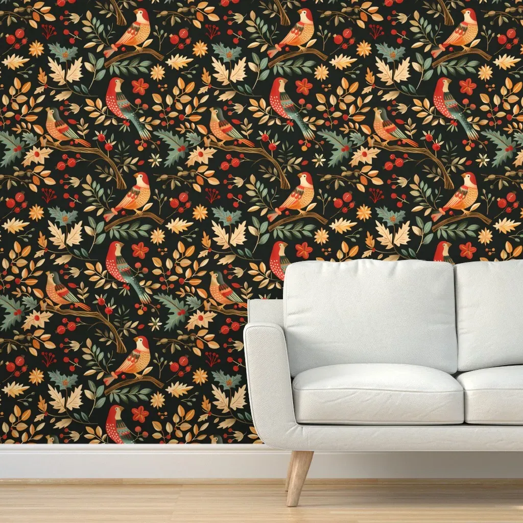 Birds And Leaves Peel and Stick Wallpaper - Red-Orange, Black product