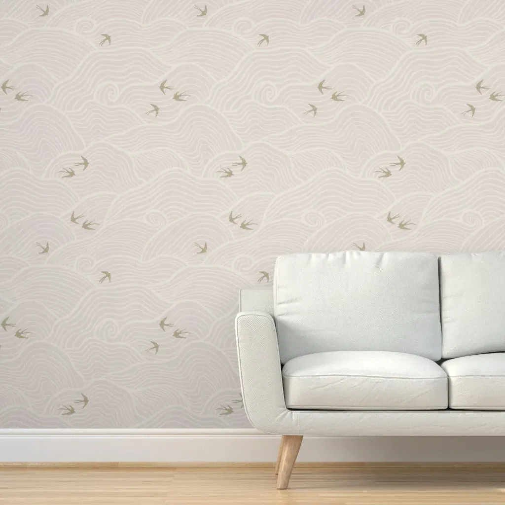 Birds Flying Above Clouds Peel and Stick Wallpaper - Blush Pink product