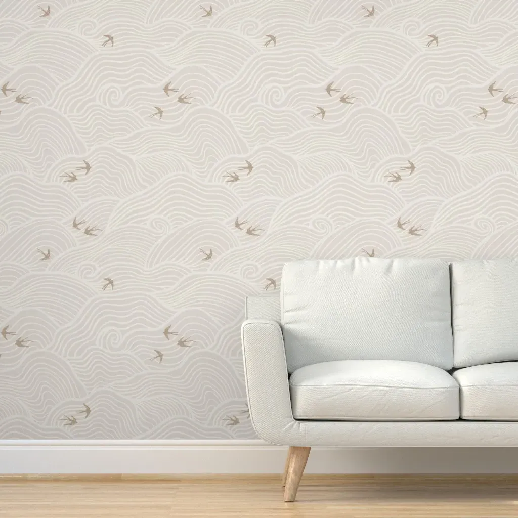 Birds Flying Above Clouds Peel and Stick Wallpaper - Light Beige product
