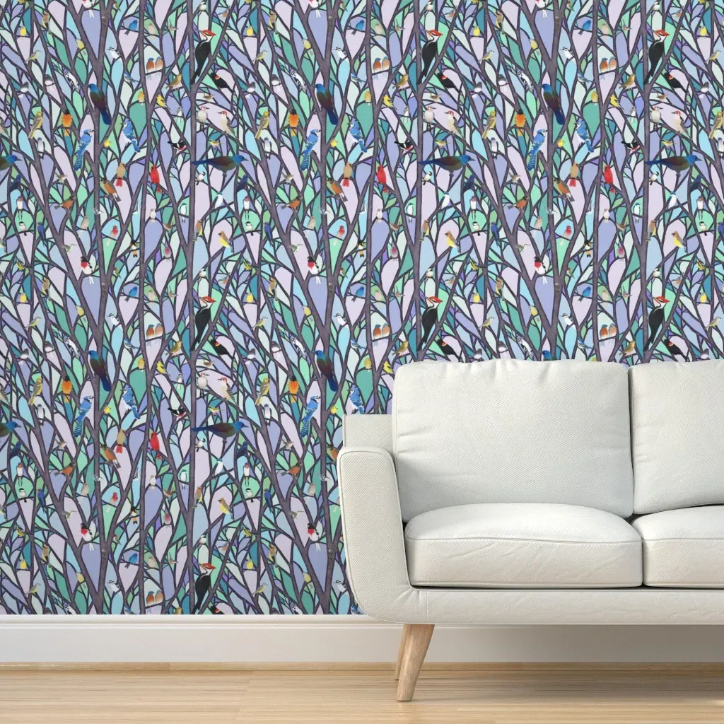Birds In The Stained Glass Tree Peel and Stick Wallpaper - Purple product