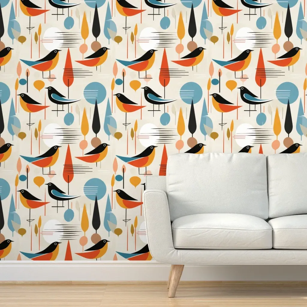Birds Mid-Century Peel and Stick Wallpaper - Orange product