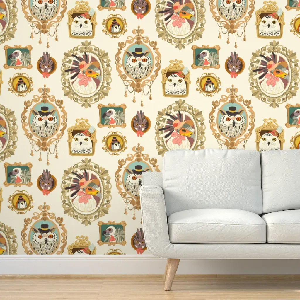 Birds Of Prey Golden Framed Portraits Peel and Stick Wallpaper - Cream product