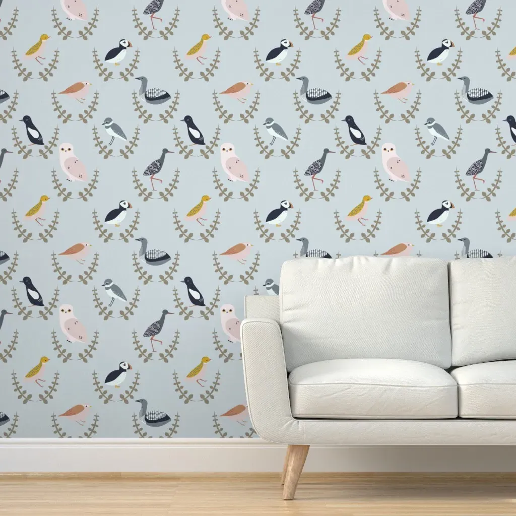 Birds Of Scandinavia Wreaths Peel and Stick Wallpaper - Light Blue product