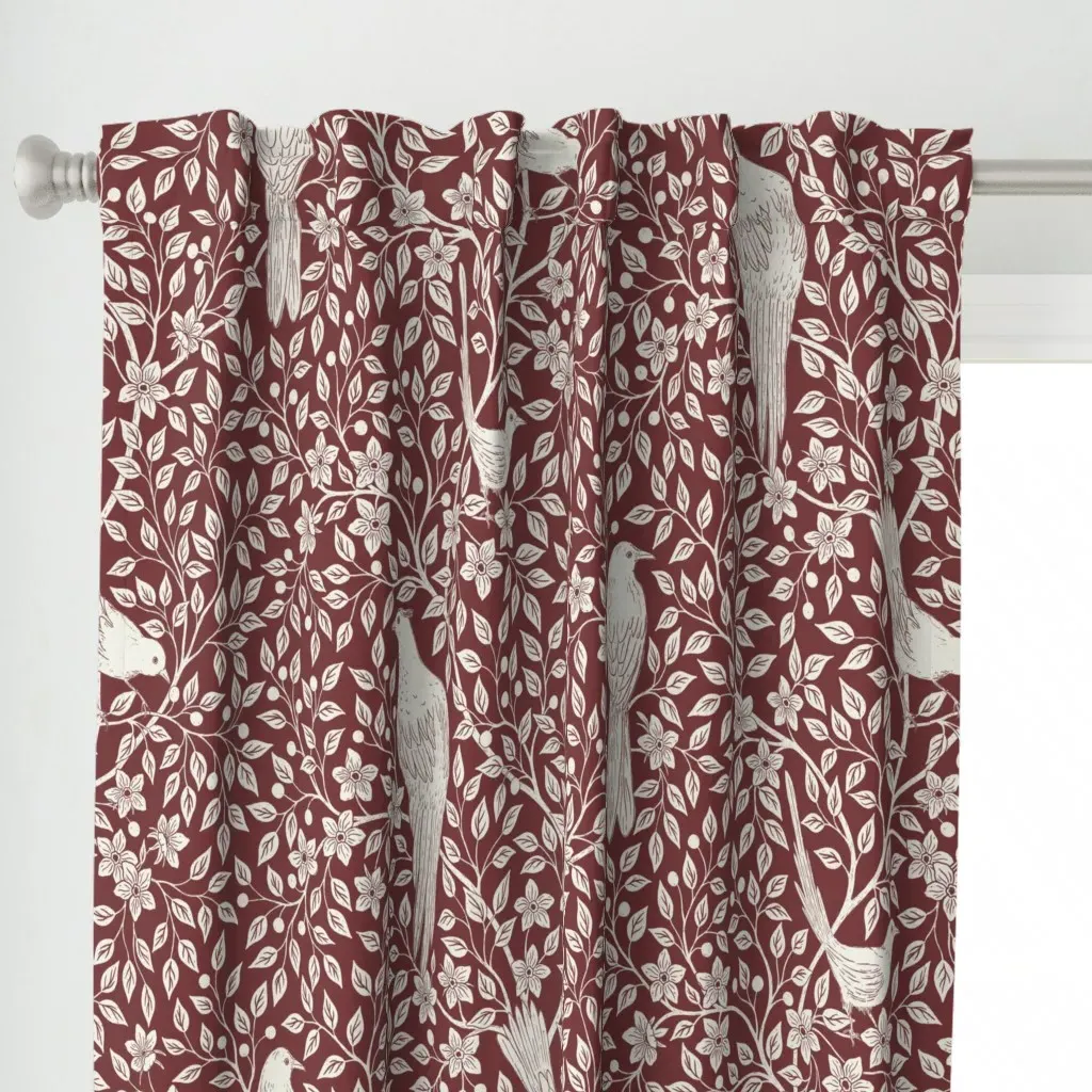 Birds On Flowering Large Curtain Panel - Crimson alternate view